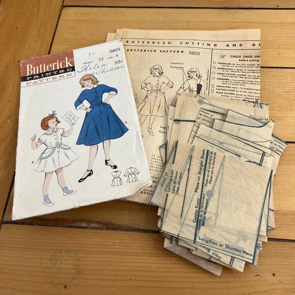 Girl's Button Front Dress Butterick 9524 Sewing Pattern Child Size 4 Vtg 1950s - Picture 2 of 3